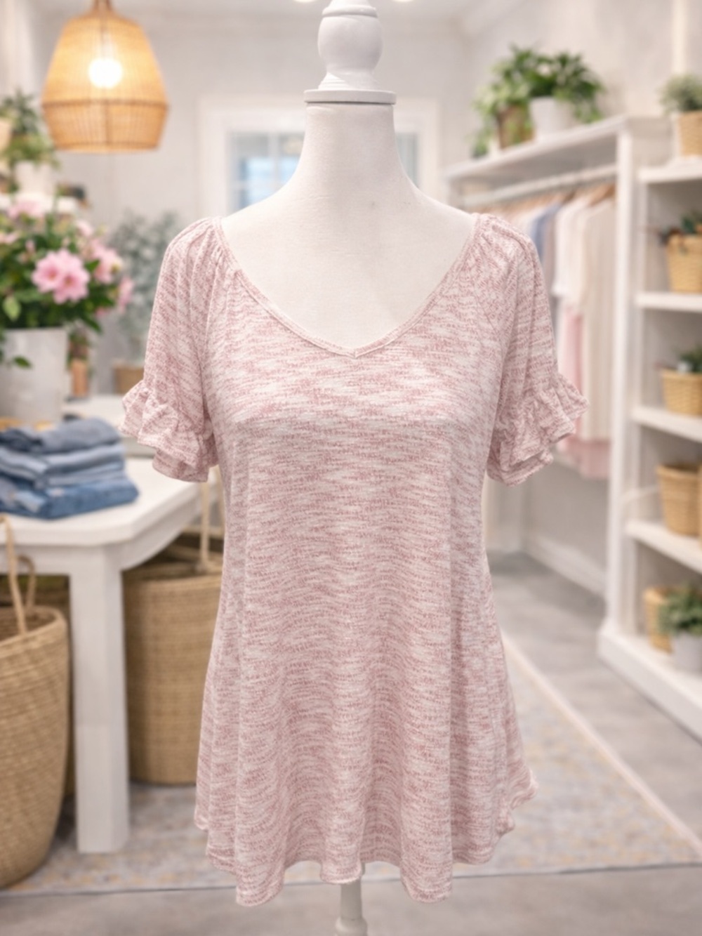 White Birch Pink White Top Off Shoulder Stretchy Ruffle Sleeve Boho XL